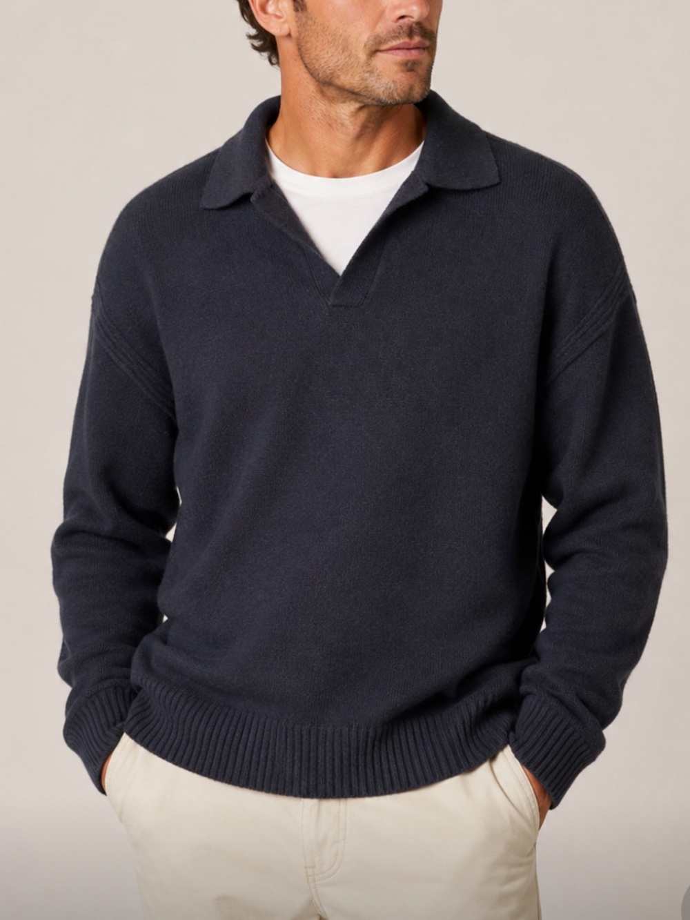 Massimo Dutti Men's Wool And Cashmere V‑Neck Polo Collar Sweater